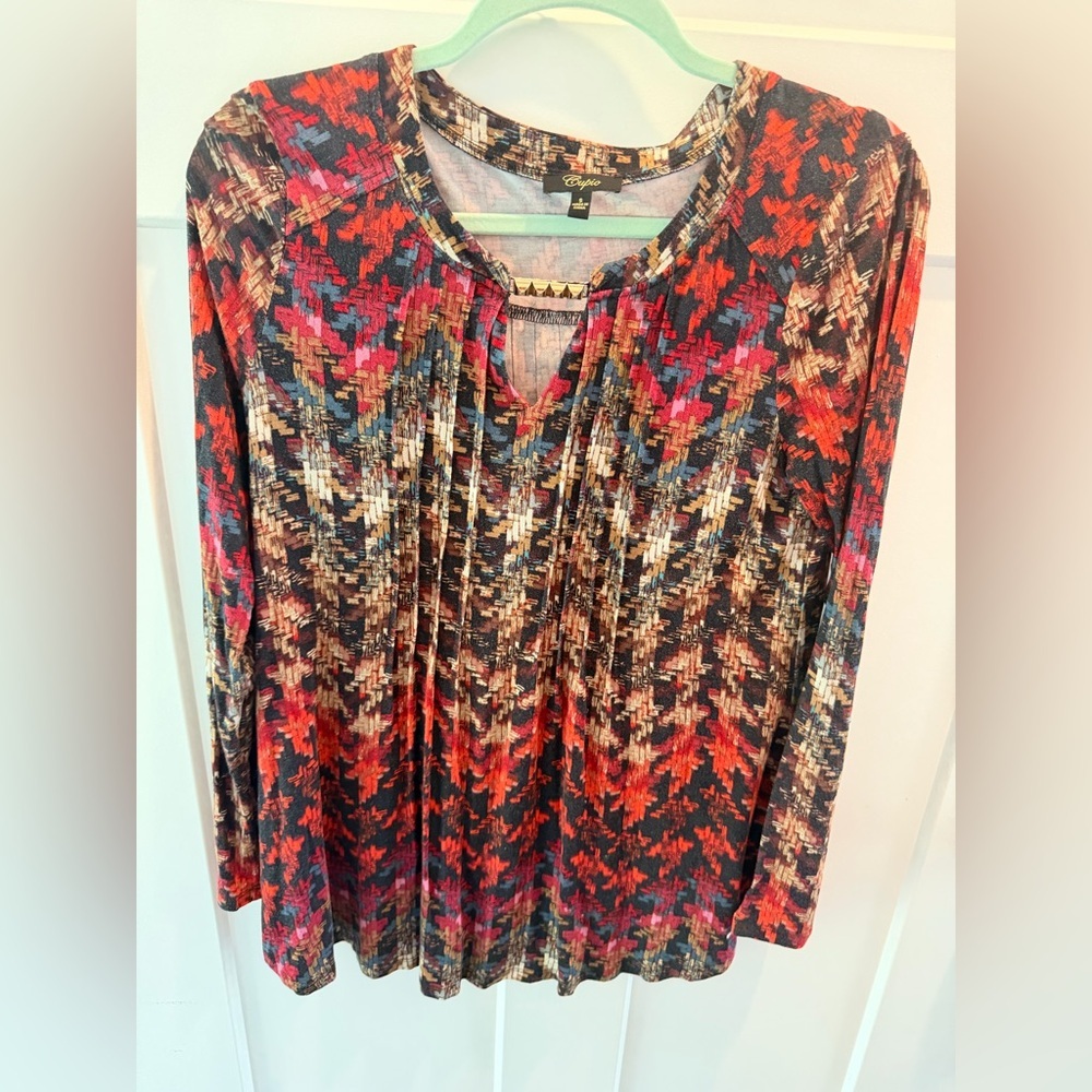 Cupio Multicolor Abstract Blouse Small 3/4 Sleeve Flowy Pleated Boho Top